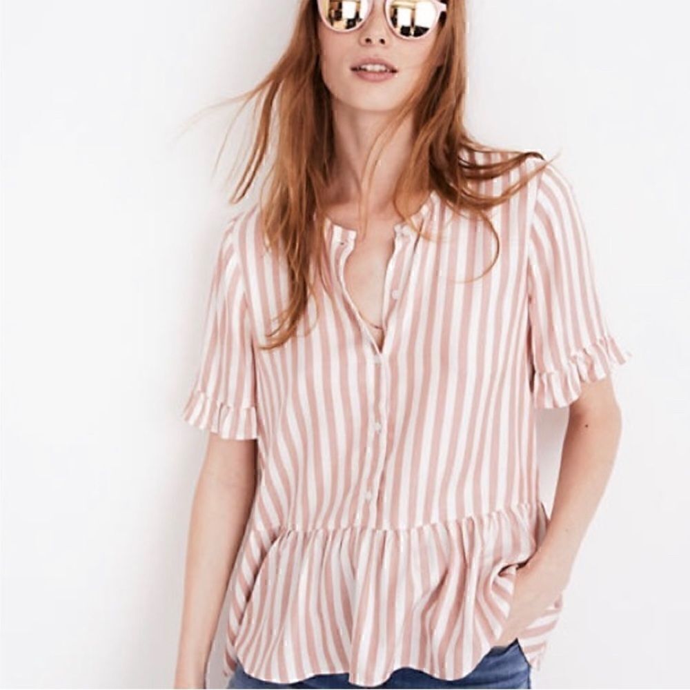 Madewell studio ruffle hem pink striped top